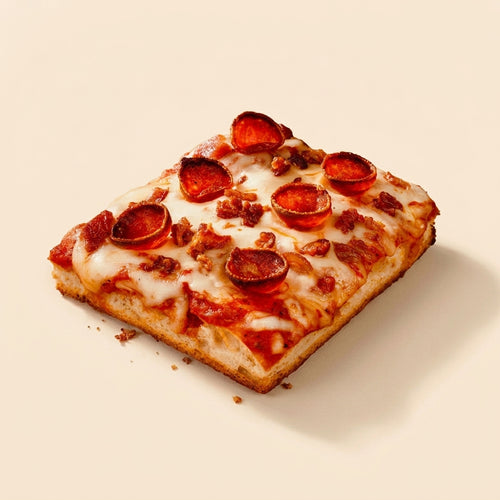 A square slice of pepperoni pizza with melted cheese and crispy bacon bits, photographed on a clean, solid cream background.