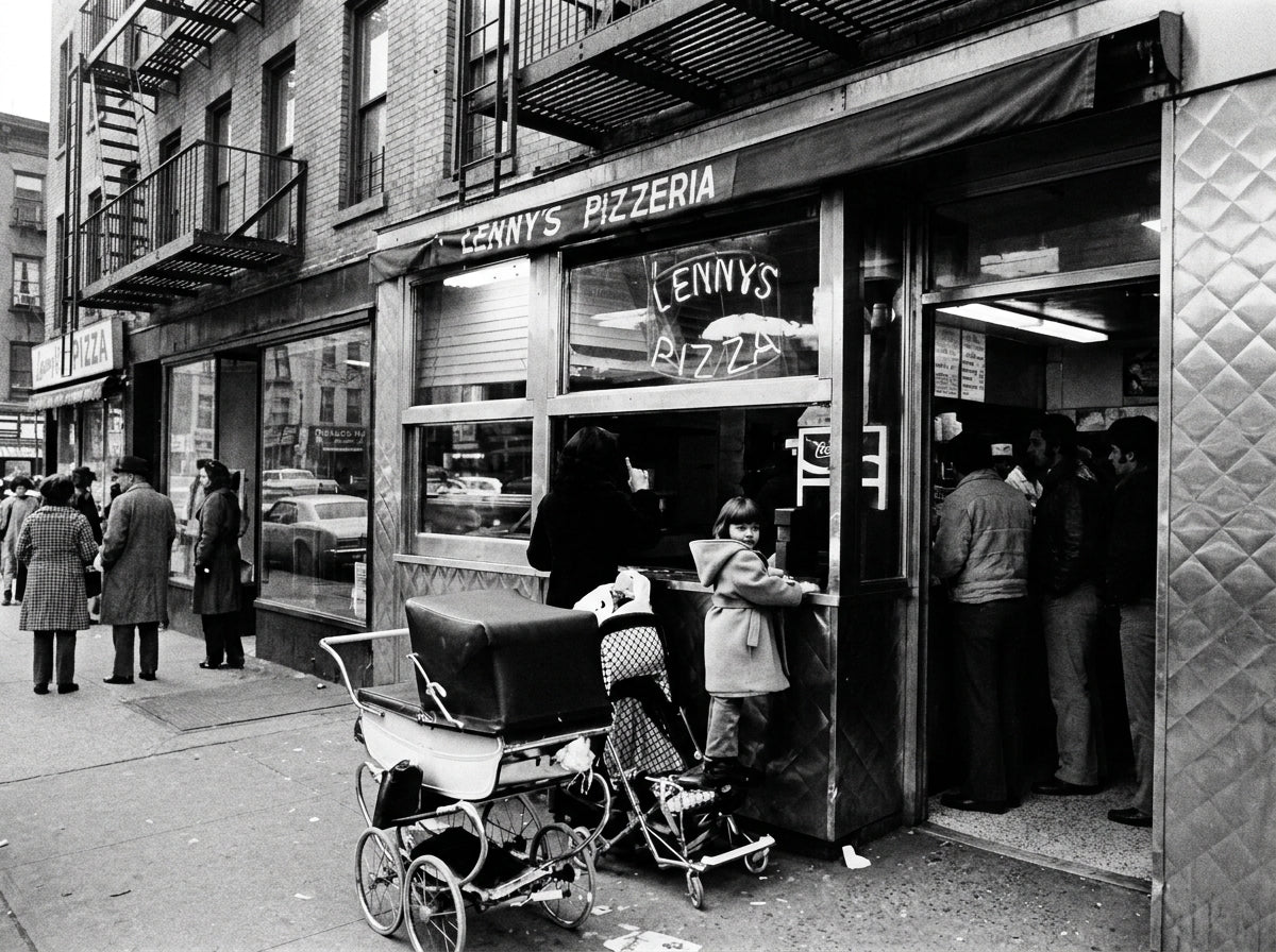 Black and white photograph of a street scene outside Lenny's Pizzeria, showing people standing in the doorway and walking along the sidewalk, with a stroller in the foreground.