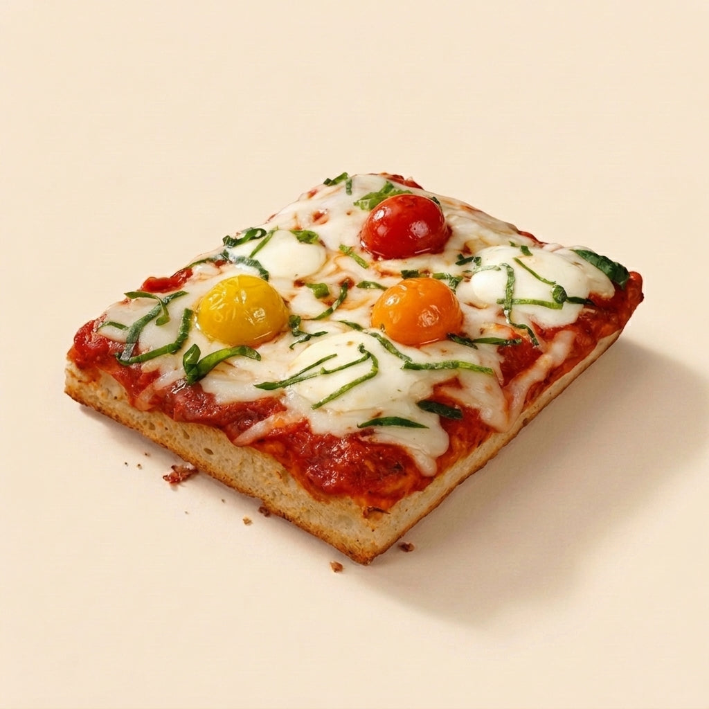 A square slice of artisanal pizza with tomato sauce, melted white cheese, green herb garnish, and whole cherry tomatoes on a light beige background.
