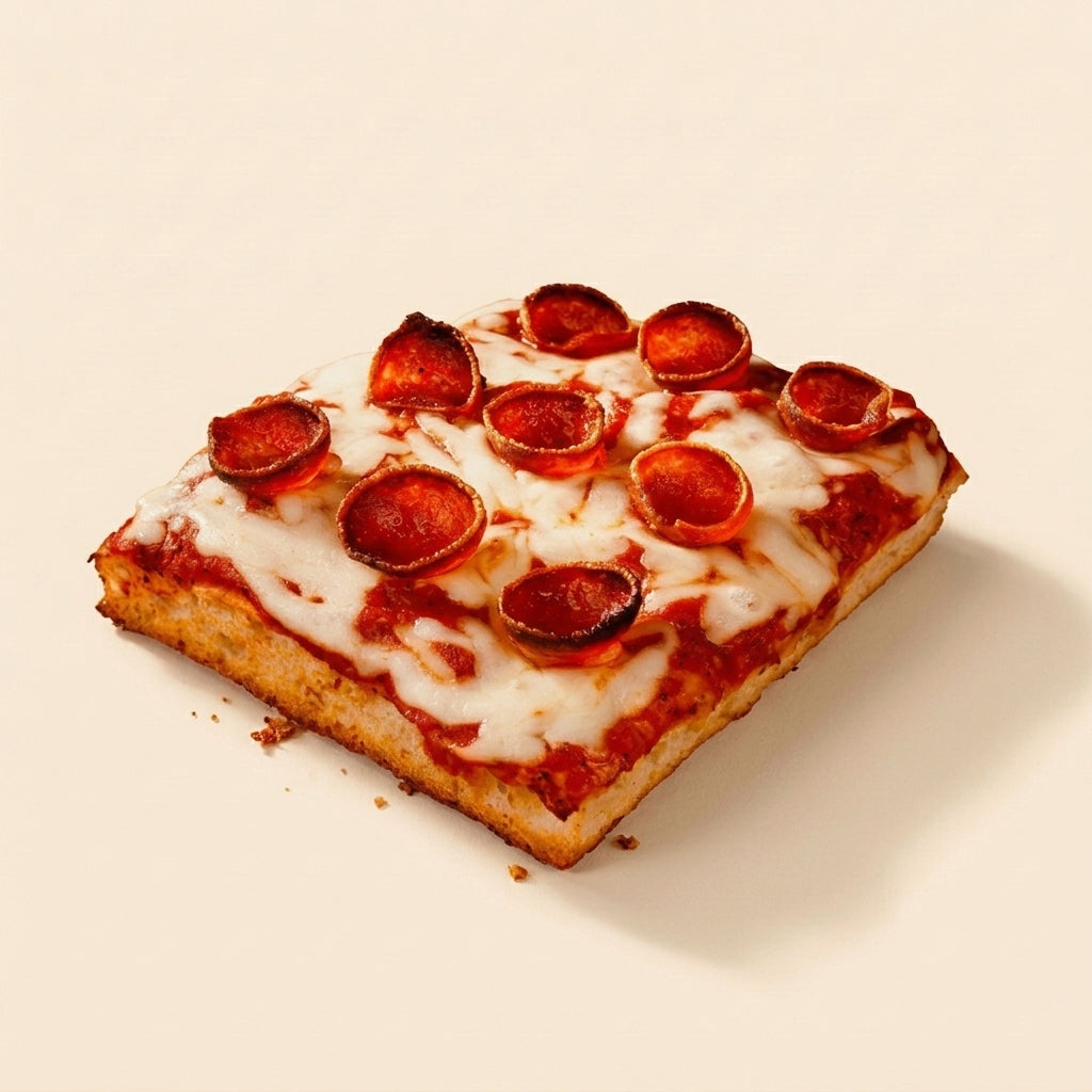 A square slice of pepperoni pizza with melted white cheese and red tomato sauce, topped with several circular pepperoni slices, photographed on a plain light beige background.