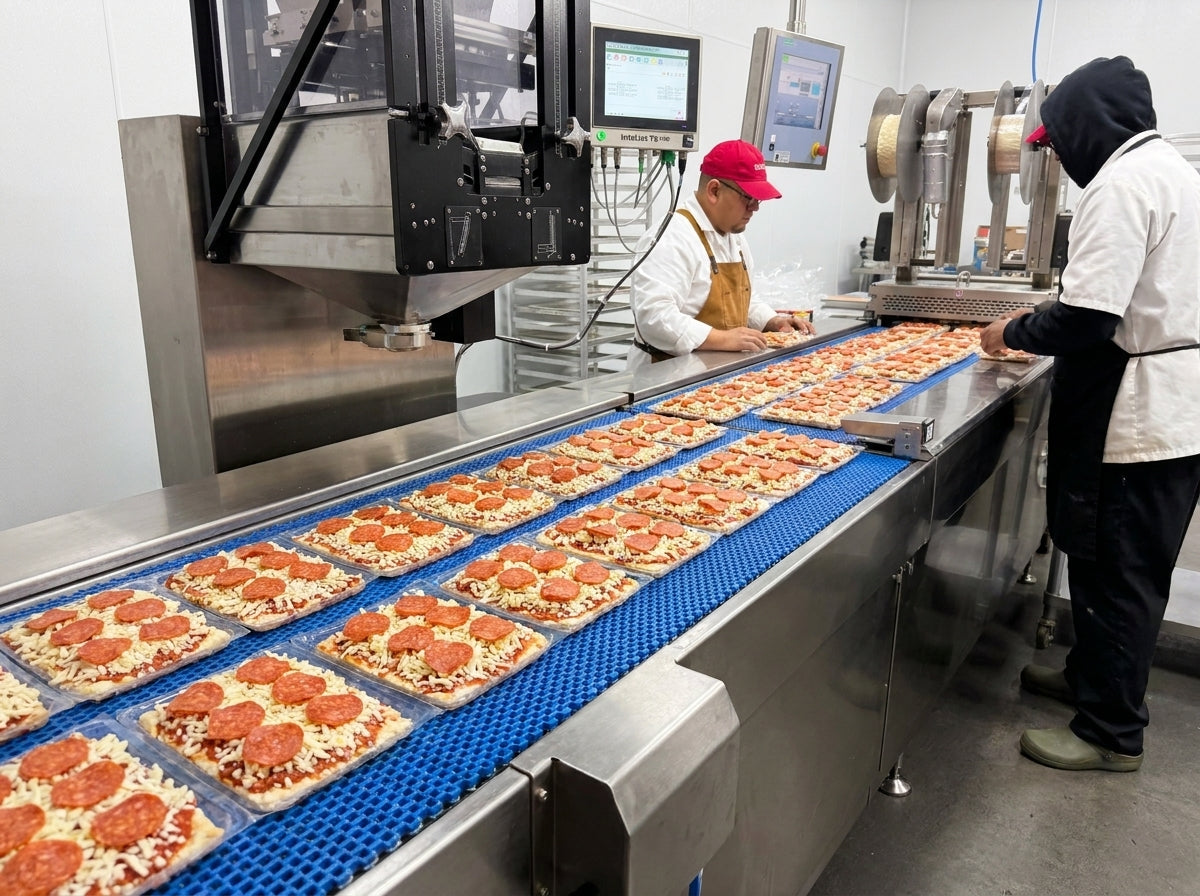 A food processing facility shows a conveyor belt loaded with square pepperoni pizza slices on blue mesh belts, with two workers in white uniforms and aprons operating stainless steel machinery.