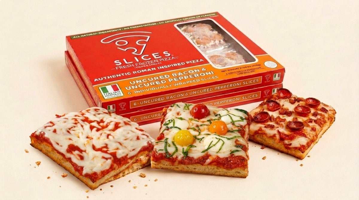 Three square slices of pizza displayed in front of a red packaged box labeled 'Slices Authentic Roman Inspired Pizza' on a clean white background.
