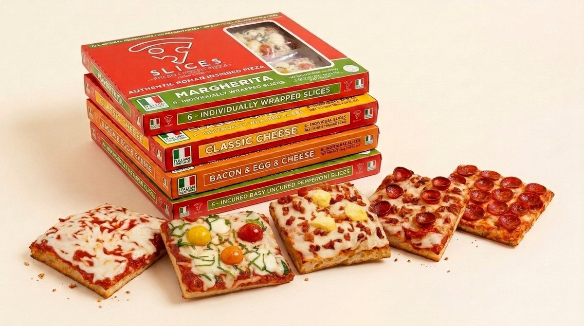 Six boxed pizza slices in different flavors are stacked on a light beige background, with four square slices displayed in front. The boxes are branded 'Pizza Slices' and include Margherita, Classic Cheese, Bacon & Egg & Cheese, and Pepperoni flavors.