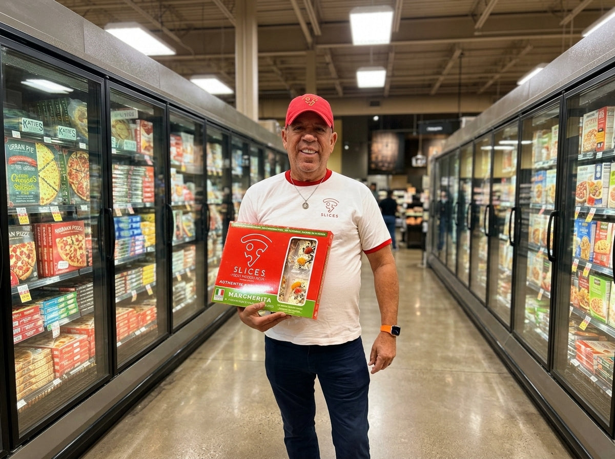 A man in a white t-shirt and red cap stands in a grocery store freezer aisle holding a box of Slices Pizza Margherita.