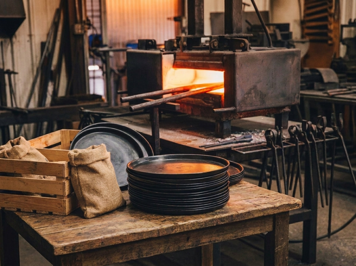 A stack of dark cast iron plates sits on a wooden workbench in a rustic forge workshop, with a glowing firebox and metal tools visible in the background.